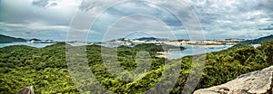 Panoramic view from whale island to the sea with fishing villages on the water and the mainland