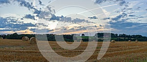 Panoramic view of a wheat field with straw bales at sunset