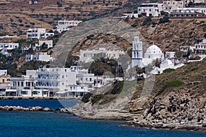Panoramic view of white houses in Ios Town, Greece