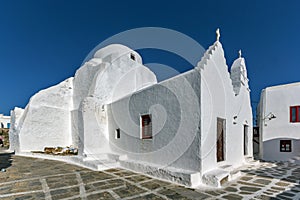 Panoramic view of White orthodox church in Mykonos, Greece