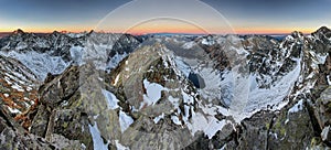 Panoramic view of white winter mountains with colorful sunset -