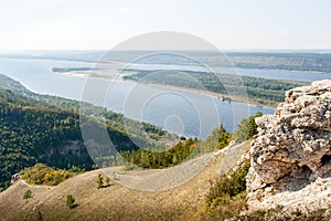 Panoramic view of wide Volga riverbed from top of mount Strelnaya of Zhiguli mountains.