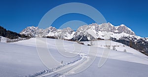 Panoramic view of the Wilder Kaiser mountain range in Winter, Tyrol, Austria