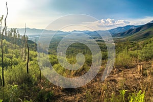 panoramic view of wildfire area with regrowth patches