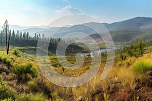 panoramic view of wildfire area with regrowth patches