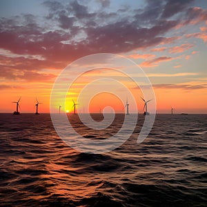 Panoramic view of a wind turbine farm located on the open sea with a golden sunset backdrop