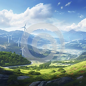 Panoramic view of wind turbine farm on mountain, Generative AI