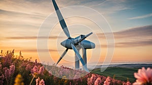 panoramic view of wind turbines above a field at sunset - sustainable energy concept