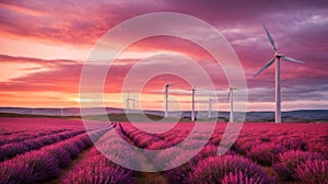 panoramic view of wind turbines above red lavender fields at sunset - sustainable energy concept