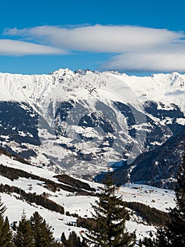 Panoramic view in winter in resort Ladis, Fiss, Serfaus in ski resort in Tyrol