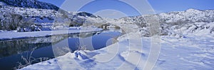 Panoramic view of winter snow in the Los Padres National Forest Wilderness area known as the Sespe, California