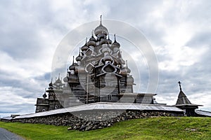 Panoramic view of the wooden churches on island of Kizhi, Karelia