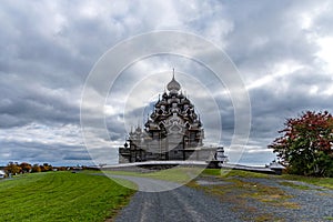 Panoramic view of the wooden churches on island of Kizhi, Karelia