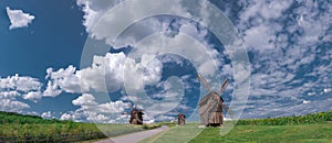 Panoramic view of wooden windmills. Village Vodianiki, Cherkasy region, Ukraine