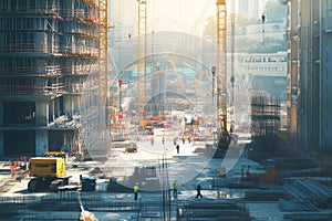 Panoramic view of workers and cranes at large construction site in the building industry