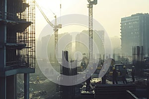 Panoramic view of workers and cranes at a large construction site in the building industry