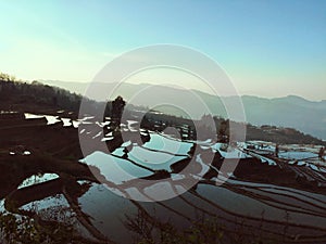 Panoramic view of Yuanyang rice terraces at the sunset