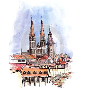 The panoramic view of Zagreb watercolor