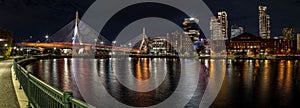 Panoramic view of the Zakim cable-stayed bridge at night in Boston, Massachusetts.