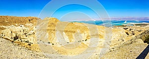 Panoramic view of the Zohar valley, with salt evaporation pools