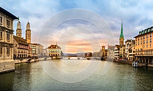 Panoramic view of Zurich city center, Switzerland. Zuerich old town with famous Fraumunster and Grossmunster Church on