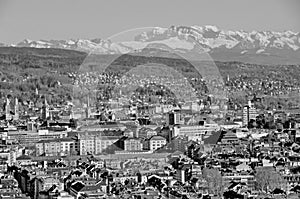 Panoramic view of ZÃ¼rich-City with the alps in the background from Switzerlands second highest skyscraper