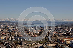 Panoramic view of ZÃ¼rich city from Switzerlands second highest skyscraper