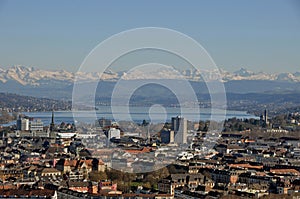 Panoramic view of ZÃ¼rich city from Switzerlands second highest skyscraper to the University, ETH and old town