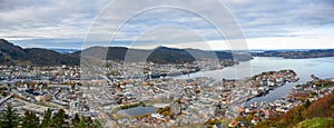 Panoramic views of Bergen, Norway from the top of the viewpoint Panorama FlÃ¸yfjellet