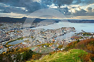 Panoramic views of Bergen, Norway from the top of the viewpoint Panorama FlÃ¸yfjellet