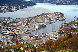 Panoramic views of Bergen, Norway from the top of the viewpoint Panorama FlÃ¸yfjellet