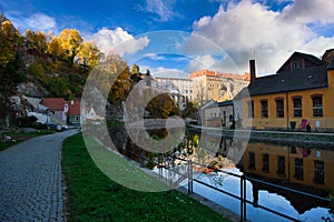 The panoramic views of Cesky Krumlov, Czech Republic, on an autumn afternoon, the old town in europe and the world heritage site