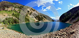 Banff National Park Landscape Panorama of Lake Agnes from Beehive Trail in the Canadian Rocky Mountains, Alberta, Canada