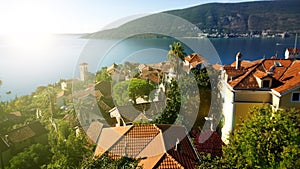 Panoramic views of the coast and of rooftops of the old town of Herceg Novi in Montenegro