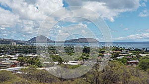 Panoramic views from the hiking path ascent to Diamond Head Crater, Honolulu, Oahu Island, Hawaii, USA