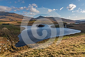 Panoramic views of Llyn y Dywarchen, and Snowdon in the Snowdonia National Park, Wales