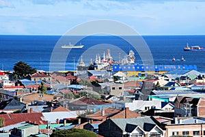 Punta Arenas, Panoramic views with houses and see, Chile