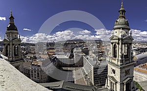 Panoramic views from the viewpoint located in the dome of St. Stephen`s Cathedral, overlooking the cathedral square, Budapest