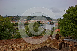 Panoramic views of the Vltava River and the city of Prague, the magical surroundings of Vysehrad.