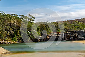 Panoramic views of Wattamolla Beach with waterfall in sydney NSW Australia