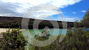 Panoramic views of Wattamolla Beach with waterfall in sydney NSW Australia