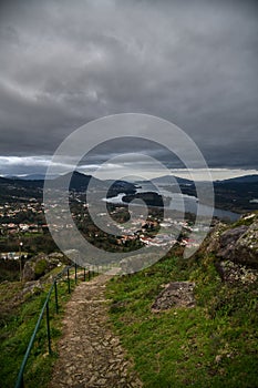 Panoramic of Vila Nova de Cerveira. Vila Nova de Cerveira, top of the mountain view over Minho River and Caminha at sunset. photo