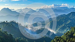 A panoramic vista of a tropical mountain range, with mist-shrouded peaks rising majestically against a backdrop of clear