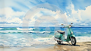 Panoramic Watercolor Painting: Moped On Beach With Turquoise Sky