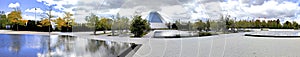 Panoramic web banner of modern architecture building with fall colour