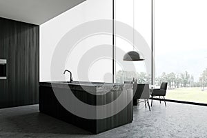 Panoramic white and black kitchen