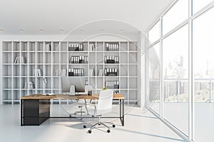Panoramic white CEO office interior with balcony