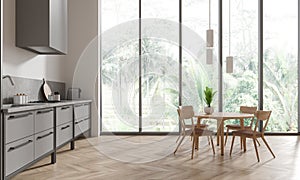 Panoramic white kitchen with cabinets and dining table