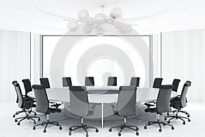 Panoramic white meeting room, round table