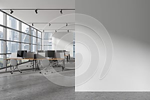 Panoramic white open space office interior with blank wall